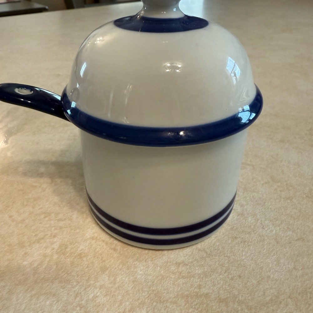 Dansk White and Blue Lidded Sugar Bowl with matching spoon.